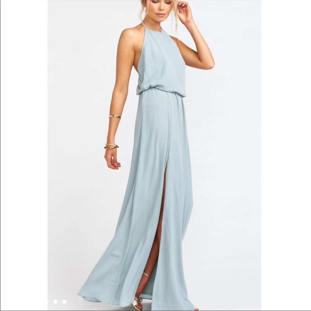 Show Me Your Mumu Heather Halter maxi dress blue silver sage crisp Bridesmaid XS